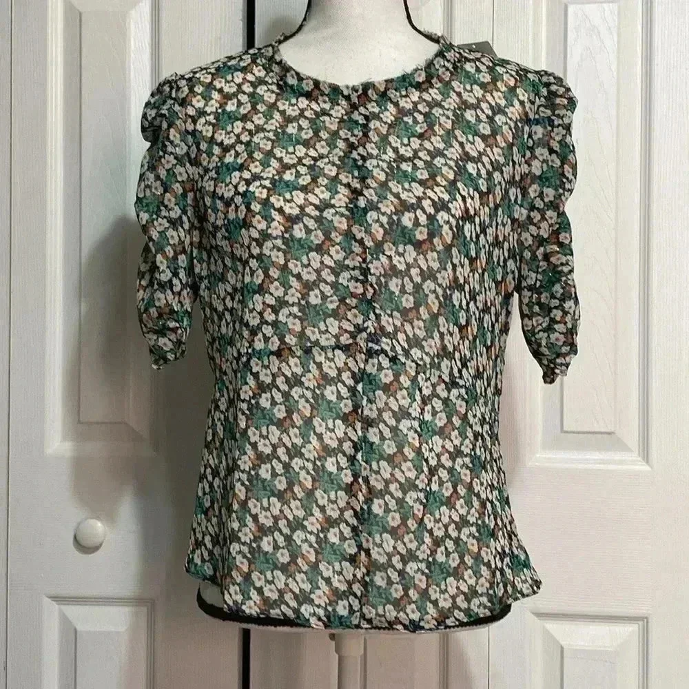 NWT Urban Outfitters sheer navy & green floral peplum top shirt blouse.